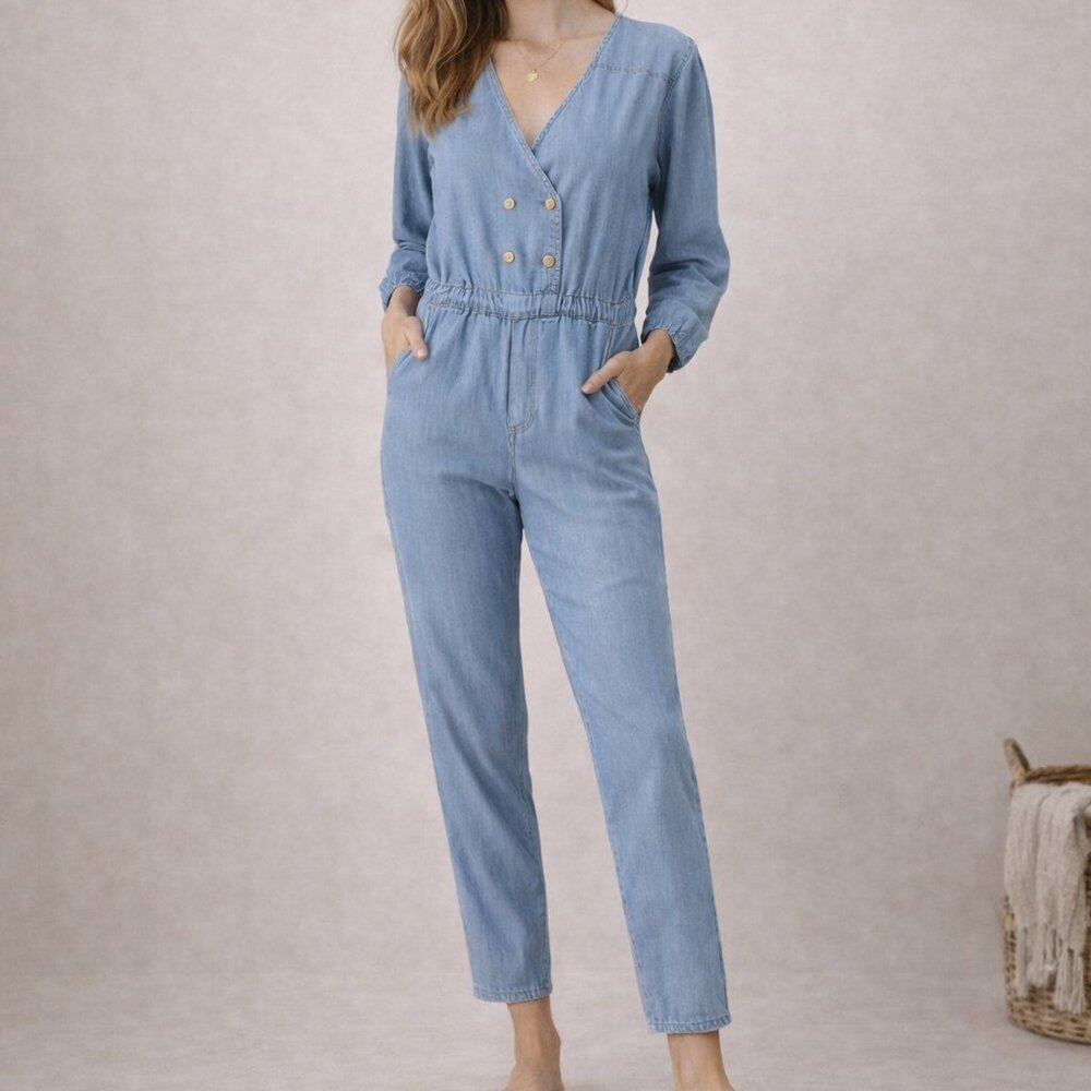 ALI & JAY Surfrider Long Sleeve V-Neck Chambray Denim Jumpsuit Size Small